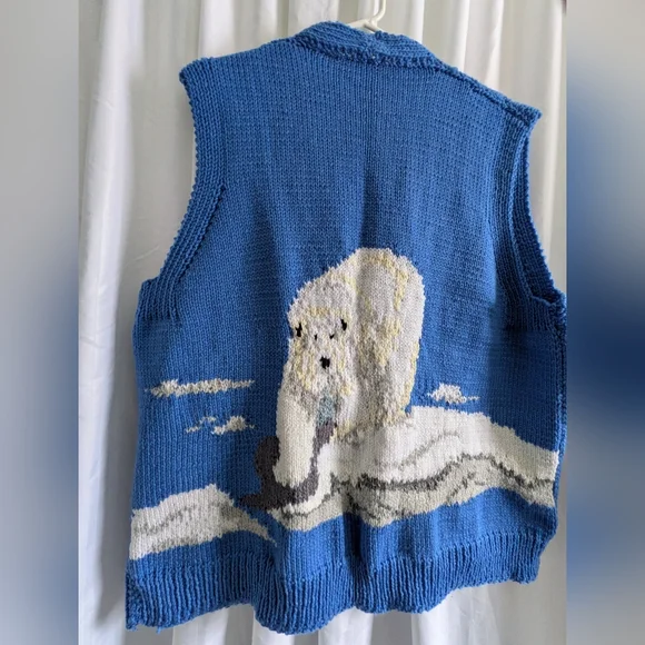Vintage Handknit Polar Bear Vest Blue Button Front V-neck Men's Women's - Picture 8 of 11